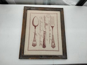 Framed French Postcard Print on Linen �� Spoon, Knife & Fork �� Rustic Wood Frame �� 16 x 21 in.