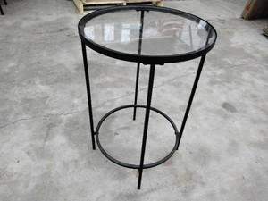 Round Glass-Top Accent Table �� Black Metal Frame with Lower Ring Stretcher �� SideEnd Table �� Light Finish Wear