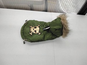 SimplyShe Dog Coat Parka �� Olive Green with Faux Fur Hood & Gold Skull Appliqu� �� Size XS �� Fleece Lined �� Used, Pet Hair Present
