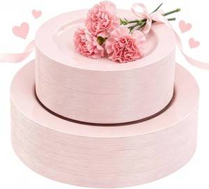 $32 FLOWERCAT 100PCS Pink Plastic Plates - Heavy Duty Pink Party set Disposable serve for 50 guests -10 inch Dinner  7 inch DessertSalad Plates for Easter,Birthday Party,Mothers Day