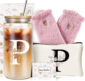 Unique Initial Glass Cup with Lids and Straws, Monogrammed Gifts Box Included Makeup Bag, Valentines Day Mothers Day Birthday Gifts for Women Mom Sister Grandma, P