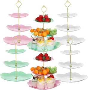 $31 6 Pcs 3 Tier Cupcake Stand Tea Party Trays 3 Tier Serving Tray Plastic Dessert Stand Cake Fruit Candy Display Tower for Wedding Birthday Tea Party (Sakura,White,Pink,Green)