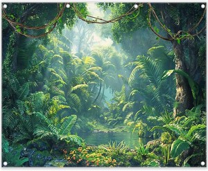 $42 Fabric 10x8ft Jungle Forest Photography Backdrop Rainforest Banner  Tropical Natural Scenery River Background, Summer Adventure Party Decorations, Kids Adult Photo Props, Polyester, Grommets
