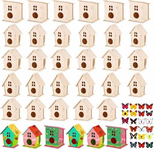 $36 Sawysine 93 Pcs DIY Birdhouse Kits for Kids to Build, 36 Wooden Bird House 6 Shapes and 57 Butterfly Sticker for Children Summer Craft Activity Art Project DIY(Round Entrance)