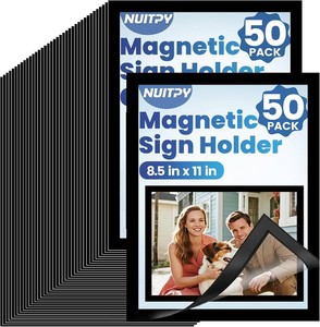 $45 NUITPY 50 Pack Magnetic Sign Holder, 8.5in x 11in Self Adhesive Wall Mount Magnetic Document Holder, Magnetism Border Sign Holder with Transparent PVC Front Cover
