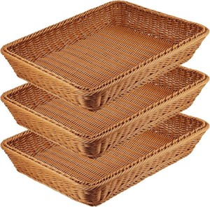 $29 MANCHAP 3 PCS 16 Inch Poly Wicker Bread Baskets, Handmade Rattan Woven Pantry Organizer, Tabletop Food Serving Baskets Rectangle Storage Basket for Home, Restaurant, Hotel, Brown