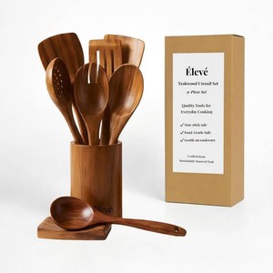 $47 9 Piece Teak Wooden Spoons, Spatula & Ladle Set, Non-Stick Safe, Food Grade  Set of 7 Versatile Wood Spatula for Cooking & Serving, Includes Utensil Holder & Spoon Rest, Modern Kitchen Utensils & Tools