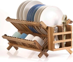 $36 NOVAYEAH Acacia Wooden Dish Drying Rack for Kitchen Counter 2-Tier Collapsible Bmaboo Dish Drying Rack with Utensil Holder-Large Folding Dish Drainer Rack with Flatware Holder 34 pcs Grid