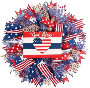$50 Patriotic Wreath for Front Door, 24 inch 4th of July Decorations with Red White Blue Flag Tags for 250th Anniversary American Independence Day Memorial Day Decor