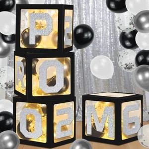 4Pcs Graduation Prom Balloon Boxes with Lights Decorations,Black Gold Prom 2026 Decorations for Prom Send Off 2026 Party Supply