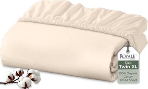 Royale Linens 100% Organic Cotton Fitted Sheet - Percale Weave - Super Soft Deep Pocket Bottom Sheets - Cream Elastic Sheet Twin XL Size - Twin XL Fitted Sheets Only - (39x8015, Cream)