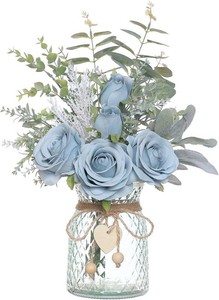 $25 Faux Flowers with Vase,Artificial Silk Roses in Vase, Fake Plant Eucalyptus Flower Arrangement for Home Office Farmhouse Bathroom Dining Table Centerpiece Decorations Coffee Table Decor (Dusty Blue)
