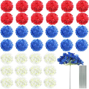 $24 Jexine 36 Pieces Hydrangea Flowers 4th of July Fake Full Hydrangea Flowers Patriotic Faux Artificial Hydrangea Flowers with Stems for Independence Memorial Day Home Kitchen Decor (Multicolor)
