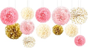AOBKIAT Birthday Decorations for Girls Women,12PCS Pink Gold Tissue Paper Pom Poms,for Party,Wedding,Baby Shower,Bridal Shower,Princess Party