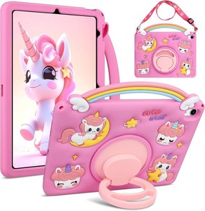 VOFUOE for iPad 11th Generation A16 Case 2025, for iPad 10th Generation Case 10.9 2022 Kids Girls with Shoulder Straps 360   Rotating Stand Rainbow Unicorn Soft Silicone Protective Cover- Hot Pink