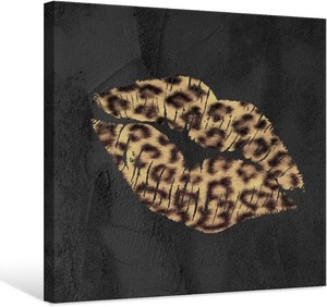 7CANVAS Sexy Lips Wall Art Fashion Lips Canvas Print with Leopard Pattern Stretched Artwork Cheetah Print Decor Gallery Wrap For Bedroom Dressing Room Bathroom 12x12Inch