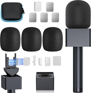 Handheld Adaptor for Interview Mic, Mic Handle Compatible with DJI 123Mini 12, Rode and All Lav Microphone, Wireless Microphone Holder with 3 Pop Filter and Flag Station for Vlogging, Reports