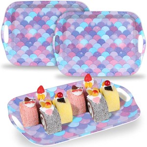 gisgfim 3Pcs Summer Mermaid Serving Trays with Handles 14 x 10 Inch Large Melamine Tray Rectangular Ocean Serving Platter Tray Melamine Dishes for Serving Food Outdoor Dinner Dessert Plate Party Set