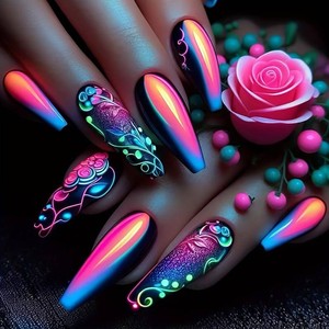 Press on Nails Long Length Ballet Shaped Black Stripes Design Glossy Acrylic Fake Nail Shines Artificial Fingernails Full Cover Long Ballet Stick on Nail DIY Reusable Glue on Nails for Women 24Pcs