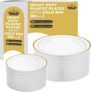 $23 60 White and Gold Plastic Plates for Party - Fancy Disposable Heavy Duty 30 Dinner 10 & 30 Salad Dessert 7 Hard Elegant Plates Set with Gold Trim - Nice Premium Sturdy Rim Plate for Wedding Holiday