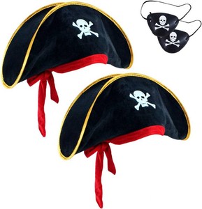D-Fokes 2 Pieces Pirate Hat Skull Print Pirate Captain Costume Cap - Pirate Accessories Funny Party Hat Caribbean Fancy Dress