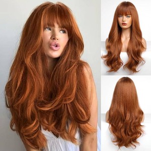 $24 HAIRCUBE Auburn Wig with Bangs for Women Auburn Long Wavy Hair Wig Curly Wavy Synthetic Wigs for Girls Daily Party Use 26Inch