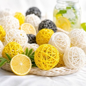 DomeStar 24PCS Yellow Decorative Balls for Bowl Centerpiece, 2 Inch Rattan Bowl Fillers - Wicker Twig Orbs Spheres for Yellow Kitchen Home Decor Vase Table Scatters