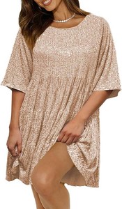 $33 Womens Summer Babydoll Sequin Dress Sparkly Glitter Short Flowy Tiered Shift Dress for Cocktail Party Club Size L
