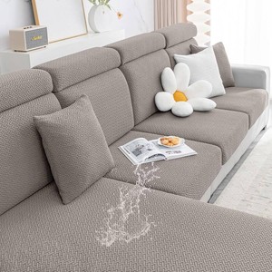$34 Smiry Waterproof Couch Cushion Covers, L Shape Sectional Couch Covers  Stretch Jacquard Chaise Lounge Sofa Slipcover, Washable Elastic Furniture Protector for Pets, Chaise, Taupe