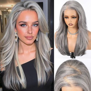 $63 HAIRCUBE Layered Grey Lace Front Wig, 13X6 HD Glueless Heat Resistant Synthetic Wig, 22 Inch Long Straight Hair for Women Daily Use