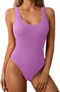 $35 Limeeke Women One Piece Swimsuit Solid Ribbed Monokini Swimwear Scoop Neck Low Back Bathing Suit Size XL