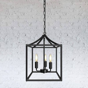 $59 Black Farmhouse Pendant Light, Lantern Cage Chandelier, Industrial Kitchen Light for Foyer, Dining Room, Kitchen Island, Bedroom (15x11, 3-Light, E12)