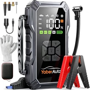 $90 YaberAuto 10-in-1 Jump Starter with Air Compressor 6000A 150PSI Car Battery Jump Starter (All Gas10L Diesel) 12V Jump Box Car Battery Jumper Starter Portable Jumper Cables, 150W DC, Gloves, Lights