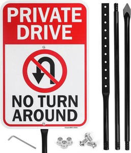 $23 Large Private Drive No Turn Around Sign with 54 Metal Stake, 17x 12 .040 Aluminum Sign - Reflective, UV Protected and Weatherproof