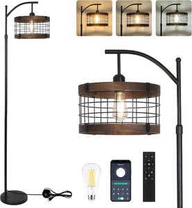 $70 Arc Floor Lamp with Remote & Dimmable LED Bulb, Vintage Wood Floor Lamps for Living Room, Industrial Black Standing Lamp with 3 Color Temperature, Farmhouse Rustic Tall Lamp for Bedroom Office Corner