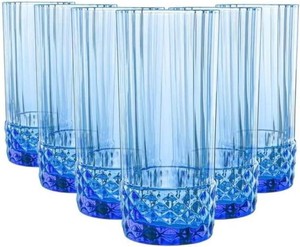 $42 Bormioli Rocco America 20s Set Of 6 Cooler Glasses, 16.5 Oz. Colored Crystal Glass, Sapphire Blue, Made in Italy.