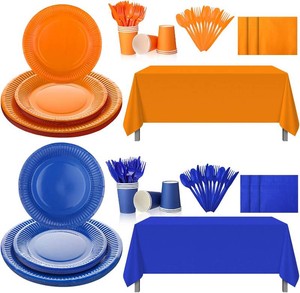 $21 Sieral 142 Pieces Orange and Blue Paper Plates and Napkins Cups Forks Knives Spoons Disposable Tablecloth Complete Tableware Pack for Birthday Baby Shower Back to School Party Supplies