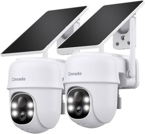 $75 Cinnado 2K Solar Wireless Outdoor Cameras for Home Security White B6 2Pack  2.4Ghz Wi-Fi Security Camera with Auto Tracking for FarmsGarages, AI Detection, Spotlight Color Night Vision, Instant Alerts