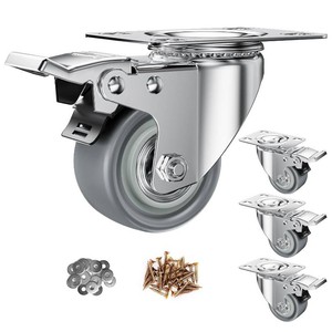 2 Swivel Plate Casters with Brake - Set of 4  400 lbs per 4 casters. Soft TPR wheels protect floors. For workbenches, furniture, carts.