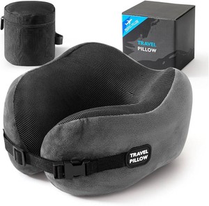 Neck Pillow Travel Pillow - 100% Pure Memory Foam Airplane Pillow with Adjustable Clasp & Removable Cover, Portable Travel Essentials for Long Flights, Car & Office (Dark Gray)