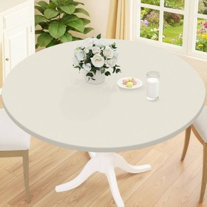 Smiry Round Picnic Tablecloth, Waterproof Elastic Fitted Table Covers for 45 - 56 Tables, Wipeable Flannel Backed Vinyl Tablecloths for Camping, Indoor, Outdoor, Ivory