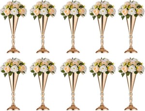$90 NUPTIO Trumpet Vase Wedding Centerpiece, 14 Tall, Metal, Gold, 10 Pcs  Flower Arrangement Table Centerpiece, for Anniversary, Ceremony, Party, Birthday, Event
