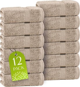 White Classic Taupe Washcloths Set for Body and Face Towel, Cotton Wash Cloths Bulk 12 Pack, Spa Fingertip Wash Clothes 12x12 Inch, Soft Absorbent Gym Towels