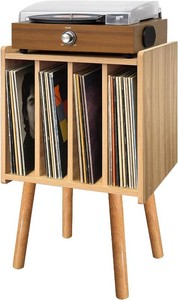 $47 Record Player Stand, Vinyl Record Storage Table with 4 Cabinet, Mid Century Modern Turntable Stand, Organizer Vinyl Table for Bedroom Living Room, Oak
