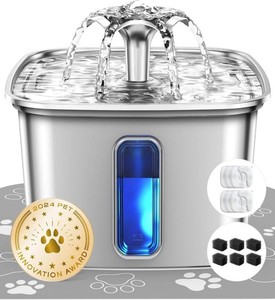 $40 Veken Innovation Award Winner Stainless Steel Cat Water Fountain, 108oz  Automatic Pet Fountain Dog Water Dispenser with 6 Replacement Filters & Silicone Mat for Cats, Dogs, Multiple Pets (Silver)