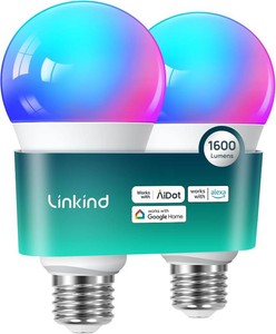 $25 Linkind A21 Smart Light Bulbs, Compatible with AlexaGoogle Home, 2 Pack  1600LM Smart Bulb, 100W Equivalent 14W, E26 RGBTW Color Changing Bulb with Music Sync, 2.4GHz Wi-Fi & Bluetooth