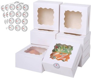 36 pcs 6x6x3 Inches Small Cake Box with Window, Bakery Pastry Cookie Boxes, Mini Pie for Pastry,Dessert,Strawberries,Chocolates, Cupcakes with paper stickers (white)