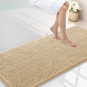 $41 Smiry Luxury Chenille Bathroom Rugs 59x24, Extra Soft and Absorbent Shaggy Bath Mat, Machine Washable, Non-Slip Plush Carpet Runner for Tub, Shower, and Floor, Home Decor Accessories, Beige