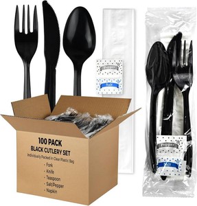 $25 KitchenDine 100 Pack Medium Weight Wrapped Black Plastic Cutlery Pack with Napkin and SaltPepper Packets (Black)