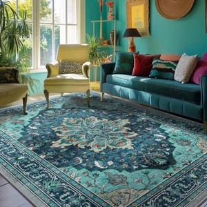 $50 RELEANY Washable Area Rug, 5x7, Teal  Non-Slip, Water Repellent, Pet Friendly, Easy to Clean, Vintage Floral Boho Decor for Living Room Bedroom Dining Room Office